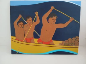 canoe rowers coconuts ocean  tropical south seas tiki amateur art Hawaii mchugh - Picture 1 of 6