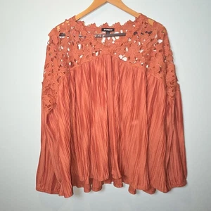 Express Burnt Orange Crochet Lace & Pleated Blouse – Boho Peasant StyleSIZE L - Picture 1 of 7