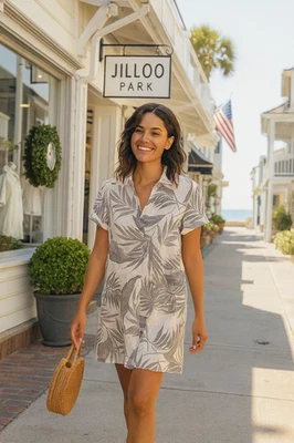 Vestido camisero Tahari de lino tropical neutro floral lino europeo costero talla L Foto 1 de 4