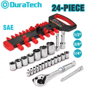 DURATECH 24Piece Socket Wrench Set 1/4" 3/8" 1/2" Drive Socket Set 20 Socket SAE - Picture 1 of 10