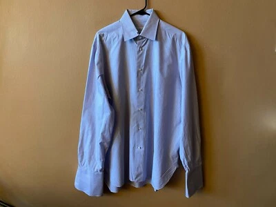 Borrelli Napoli Hand Made Blue White Striped Cotton Dress Shirt Size 17 Euro 43 - Image 1 of 4