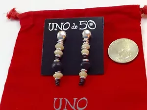 NWT Uno de 50 Silvertone Silver Plated Earrings w/ Black/Creme Beads 1.5" - Picture 1 of 7