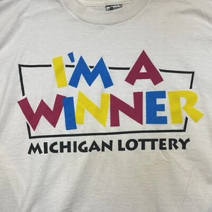 Vintage Made in USA Michigan Lotterie Gewinner FOTL BEST Etikett weiß XL Flecken/gelb - Bild 1 von 7
