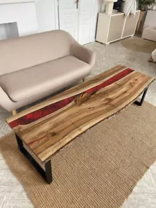 Red Epoxy Console Table Top, Epoxy Live Edge Wooden Console Bar Slab Decor - Picture 1 of 12