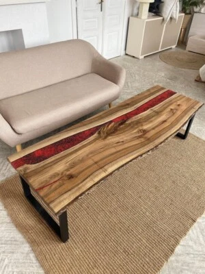Red Epoxy Console Table Top, Epoxy Live Edge Wooden Console Bar Slab Decor - Image 1 of 4