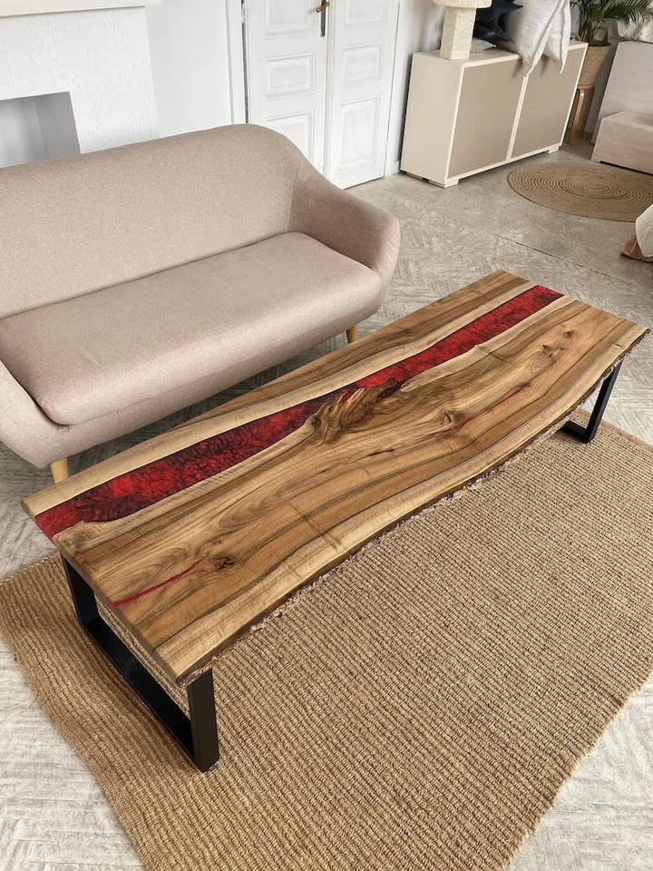 Red Epoxy Console Table Top, Epoxy Live Edge Wooden Console Bar Slab Decor - Image 1 of 4