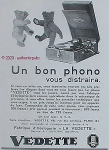PUBLICITE VEDETTE PHONOGRAPHE PHONO OURS EN PELUCHE TEDDY BEAR DE 1929 FRENCH AD - Picture 1 of 1
