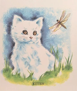 Charming White Kitten with Dragonfly, Vintage Art Print, 1959, The Rutherfords - Picture 1 of 5