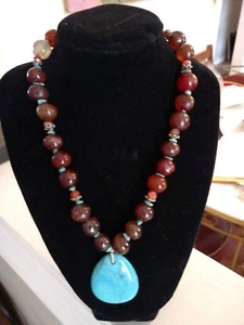 Vintage Amber Blue Turquoise Sterling Silver 925 clasp Strand Necklace  - Picture 1 of 7