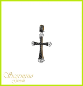 PENDENTE CROCE DA UOMO IN ORO BICOLORE 18K CON DIAMANTI NATURALI 0.19 CARATI - Picture 1 of 4