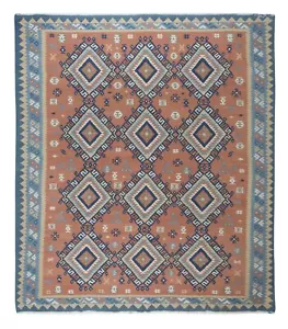 8.5x9.2 Ft Swedish Hand-Woven Vintage Wool Kilim Rug with Geometric Details - Picture 1 of 5