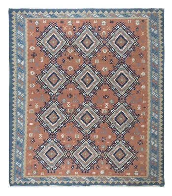 8.5x9.2 Ft Swedish Hand-Woven Vintage Wool Kilim Rug with Geometric Details - Image 1 of 4