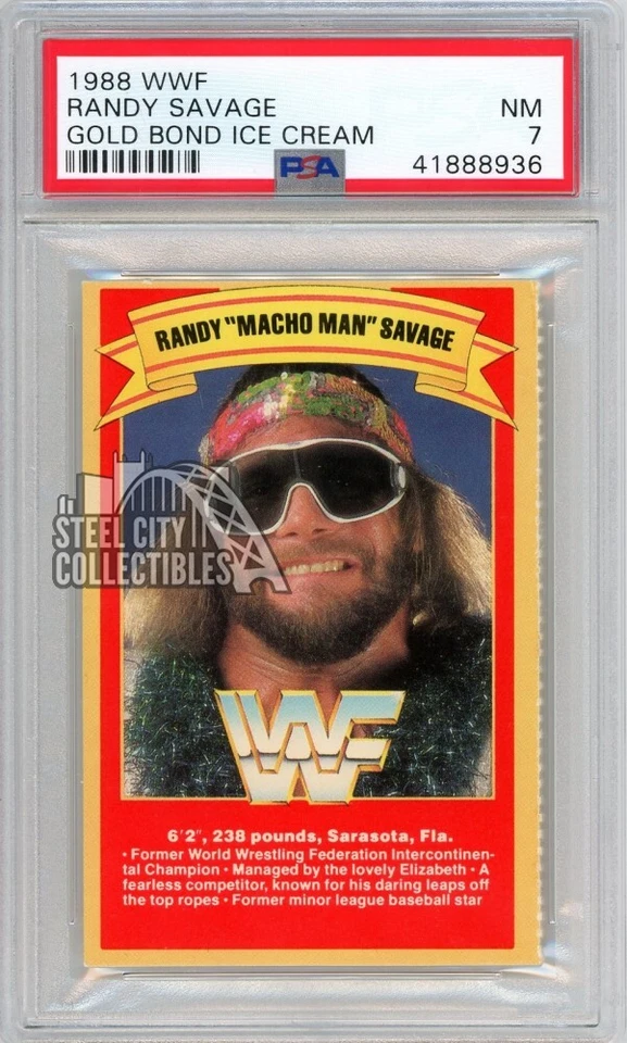 Tarjeta de helado Randy "Macho Man" Savage 1988 WWF Gold Bond PSA 7 Foto 1 de 1