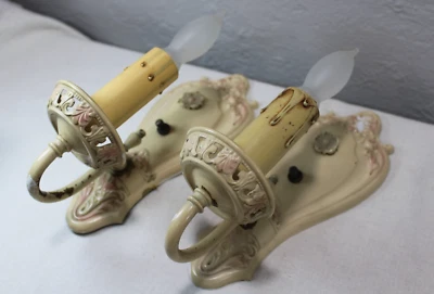 Antigo Par Original Pintado Latão Arandelas de Parede Elétricas Floral Vitoriano - Imagem 1 de 4