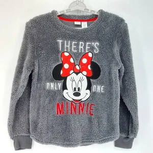 Disney Minnie Mouse Sweater Women’s Sz L Gray Teddy Bear Furry Crewneck Cozycor - Bild 1 von 5