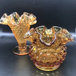 Fenton Amber Glass Hobnail Ruffled Edged Bud Vase Vintage Pair Miniature Small - Picture 1 of 11