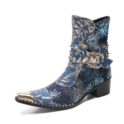 Металлический заостренный носок мужской цветочный печать ботильоны из натуральной кожи каблук новый мотоцикл - Изображение 1 из 4