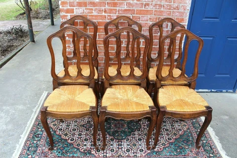 Set of 6 French Antique Oak Wood Louis XV Rush Seat Chairs Cover