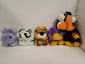 Lot Of 6 Vtg PUFFKINS PLUSH ANIMALS TIGER DALMATION PLATYPUS PUFFIN TOUCAN Hippo - Picture 1 of 16
