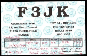 QSL QSO RADIO CARD "F3JK,Grammont Jean,UFT", Is-sur-Tille, France (Q3033) - Picture 1 of 2