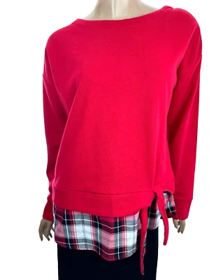 IZOD Size Medium Top Pullover Long Sleeve Red w/Plaid Hem  Cotton/Polyester - Image 1 of 4