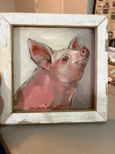 Peinture huile sur panneau Erickson Wright "PIG" intitulée "What's Up" 11"x11" - Photo 1/3