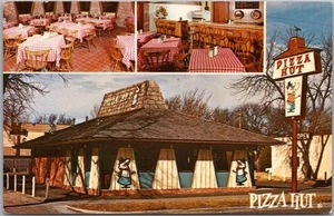 Vintage PIZZA HUT Restaurant Advertising Postcard 3 Views Fast Food / Blank Back - Picture 1 of 2