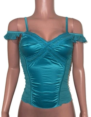 Camiseta sin mangas azul satinado elástica Y2K vintage con inserciones de malla en los hombros con volantes Foto 1 de 3