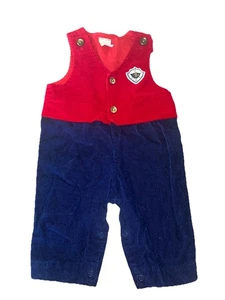 Vintage Boys Longall Romper Blue Red Corduroy Dressy Size 3/6 Months 90s - Picture 1 of 3