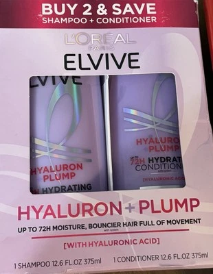 2 CHAMPÚ HIDRATANTE + ACONDICIONADOR L'Oreal Paris Elvive Hyaluron Plump, 12,6 oz Foto 1 de 3