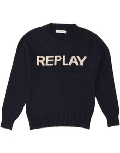 REPLAY Womens Graphic Crew Neck Jumper Sweater UK 10 Small Navy Blue DP31 - Picture 1 of 3
