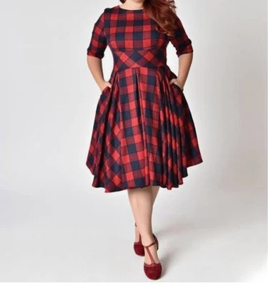 Red & Black Plaid Dress Midi Fit Flare Womens XXL Buffalo Print Flannel Holiday - Image 1 of 4