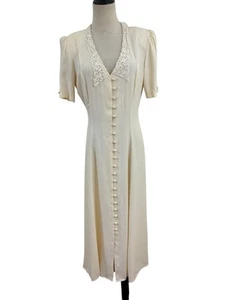 Vtg 90s Just Choon Cream Midi Dress Lace Collar Button Front Sz 9 Wedding - Picture 1 of 8