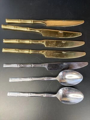 7 Flatasy & the Cellar Bamboo Flatware Gold & Silver Silverware spoons knifes - Image 1 of 4