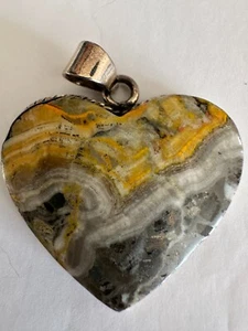 BN Bumble Bee jasper heart Large pendant bale Southwestern boho stamped sterling - Picture 1 of 6