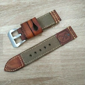 Correa de reloj hecha a mano con logotipo de Flottiglia verde lona/vintage de cuero marrón. - Imagen 1 de 3