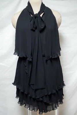 Foley & Corinna Black Chiffon Pleated/Tiered Cocktial Dress-Bow Tie Neck-10-LBD - Image 1 of 4