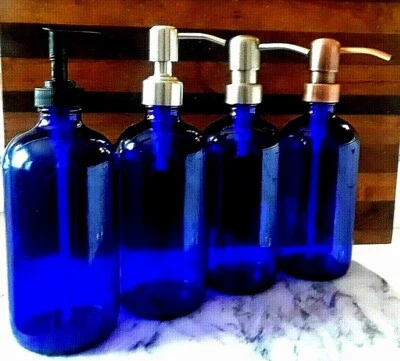 Botella de cobalto azul ~ dispensador de bomba de jabón ~ boticario Boston redondo ~ vidrio 16 oz Foto 1 de 4