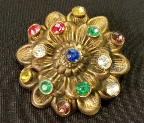 Large Antique Flower Button Brass With Multi-Color Glass "Jewels" Cover