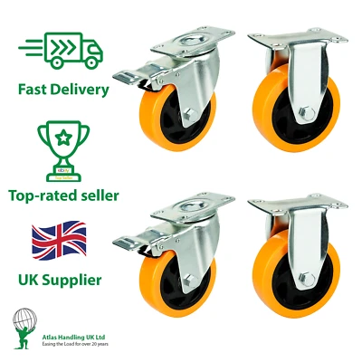 ATLAS HANDLING UK LTD Heavy Duty 125mm/5" Trolley Caster Wheels 300kg Braked & Fixed Castor x 4 Set