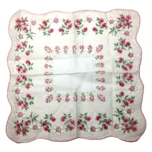 Vtg Cotton Square Handkerchief Scalloped Edge Floral Pink Red Rose Victorian - Picture 1 of 5