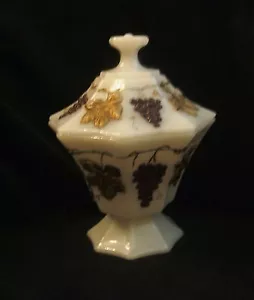 Vintage Anchor Hocking Decorated Milk Glass Candy Pedestal Jar and Lid Grapes - Picture 1 of 5