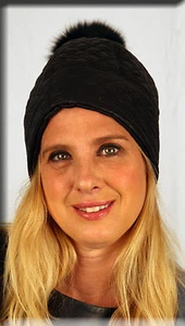 New Black Patent Faux Leather Beanie Black Fox Fur Pom Pom Efurs4less - Picture 1 of 4