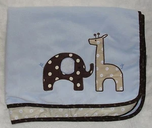 Lambs & Ivy Blue Elephant Giraffe Safari Baby Blanket Jake Brown Trim Polka Dots - Picture 1 of 5