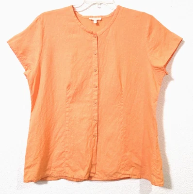 Eileen Fisher 100% Irish Linen Button Down Blouse Cap Sleeves Orange sz L - Image 1 of 4