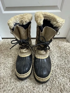 Sorel Boots Men 11 Black Brown Leather Caribou Waterproof Lined Snow 90s Vintage - Picture 1 of 24