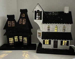 2 Fienile Ceramica Bambini Halloween Illumina Case Infestate Stile Putz Glitter 2013 - Foto 1 di 19