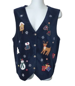 Casey & Max Vest Womens Large Navy Blue Velvet Embroidered Holiday Christmas - Picture 1 of 12