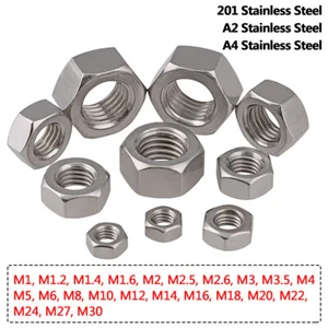 M1 to M30 Metric Hexagon Full Nuts DIN 934 Lock Nuts 201, A2, A4 Stainless Steel - Picture 1 of 8