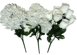 (3 pcs) White Rose Carnation Mums 17" Bush Silk Flower Outdoor Decor Craft #2098 - Picture 1 of 5